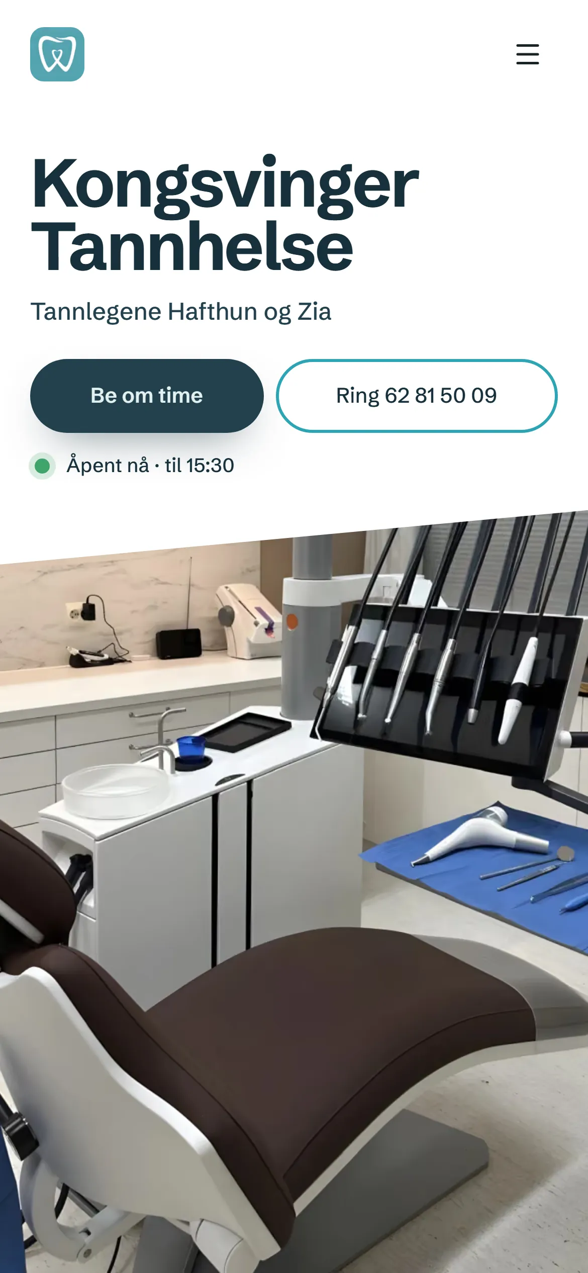 Toppen av forsiden til Kongsvinger Tannhelse på mobil